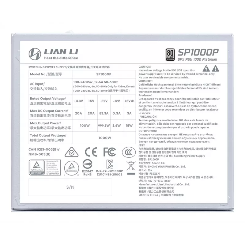 Fuente de alimentación Lian Li SP Series Platinum SFX totalmente modular PCIe 5.1 ATX 3.1 1000W (G9P.SP1000P.W000.EU)