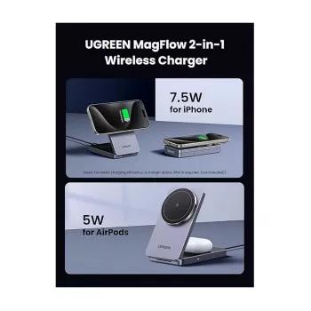 Cargador de CA inalámbrico de interior UGREEN para auriculares y smartphones W528, gris, protección contra cortocircuitos y subtensión