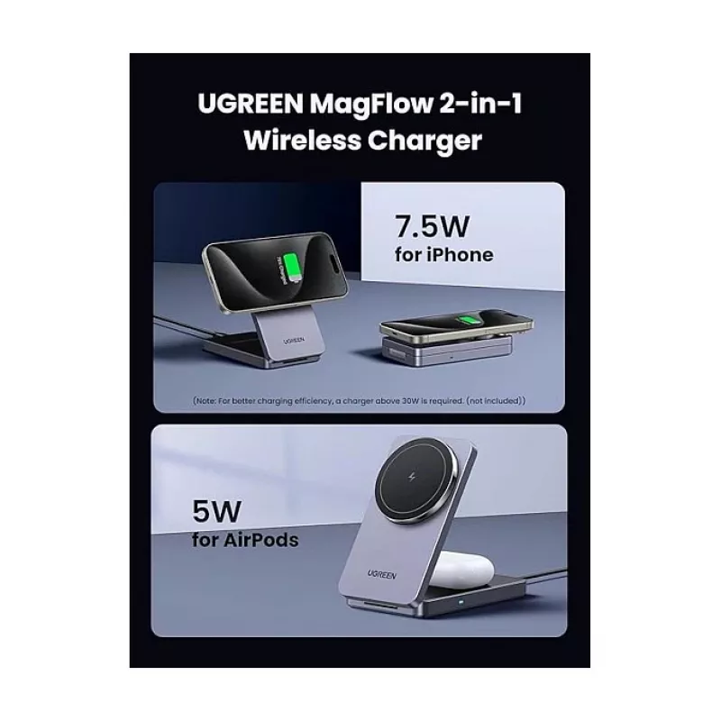 Cargador de CA inalámbrico de interior UGREEN para auriculares y smartphones W528, gris, protección contra cortocircuitos y subtensión