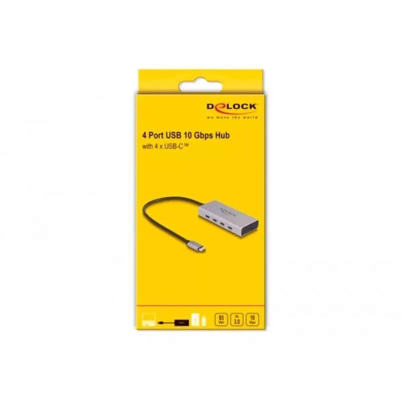 Hub USB DELOCK 10 Gbps Type-C 4 puertos PD 85W cable 30 cm