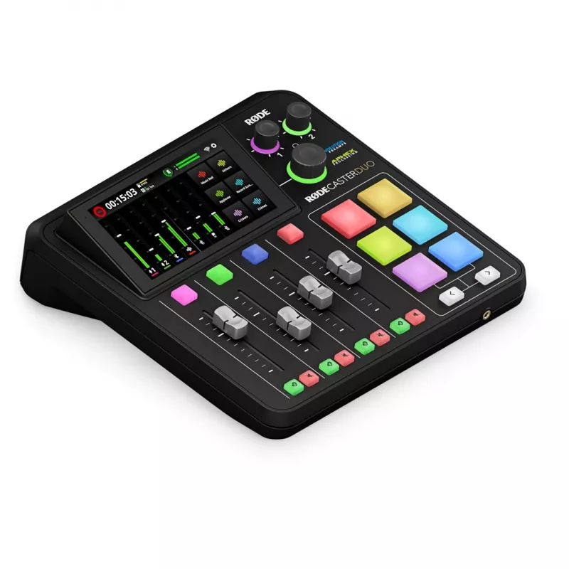Controlador de estudio RØDE Caster Duo Negro — 2 combo XLR/TRS, 2 salidas de línea TRS, 48 kHz, 24 bits, pantalla táctil, Wi‑Fi, Bluetooth