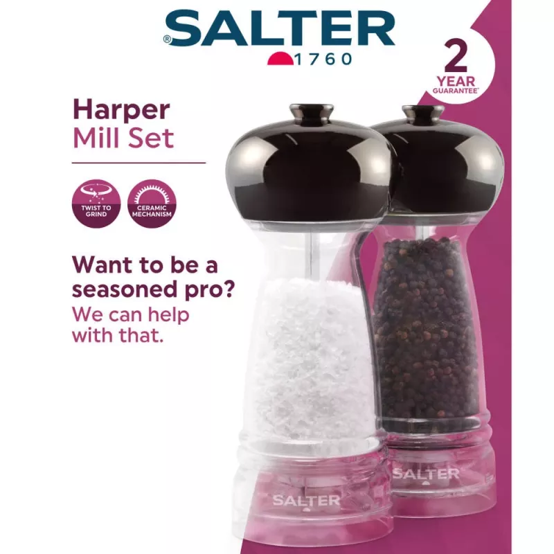 Salter BW12949GEU7 Harper juego de molinillos de sal y pimienta, transparente/gris