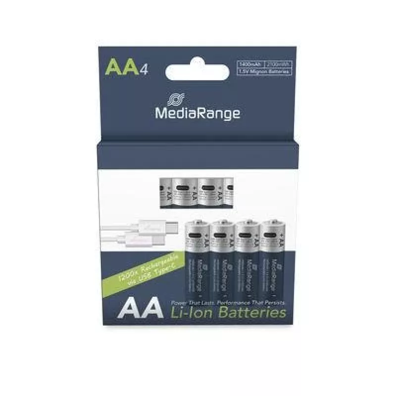 MediaRange MRBAT161 pilas recargables Li-Ion AA con USB-C, 1,5 V, 1400 mAh, 4 uds.