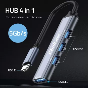 Hub USB QOLTEC 53792, USB-C 3.1 a 4 puertos (USB 3.0 x1, USB 2.0 x3)