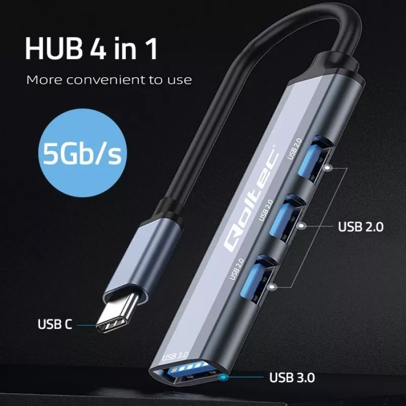 Hub USB QOLTEC 53792, USB-C 3.1 a 4 puertos (USB 3.0 x1, USB 2.0 x3)