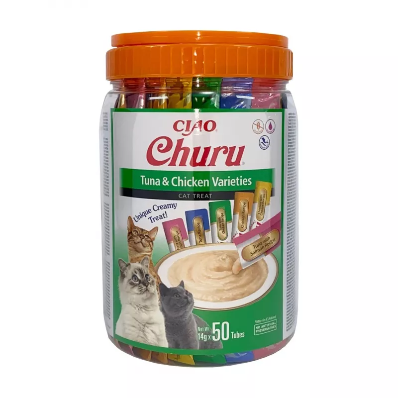 Snacks húmedos para gatos INABA Churu variedades — pollo y atún, 50 tubos de pasta de 14 g, sin cereales, sin gluten ni azúcar