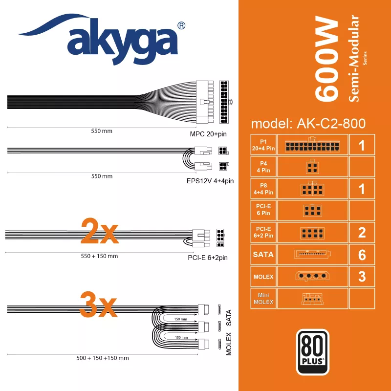 Akyga AK-C2-800 Fuente de alimentación ATX Classic 800 W, semimodular, PFC activo, ventilador de 120 mm