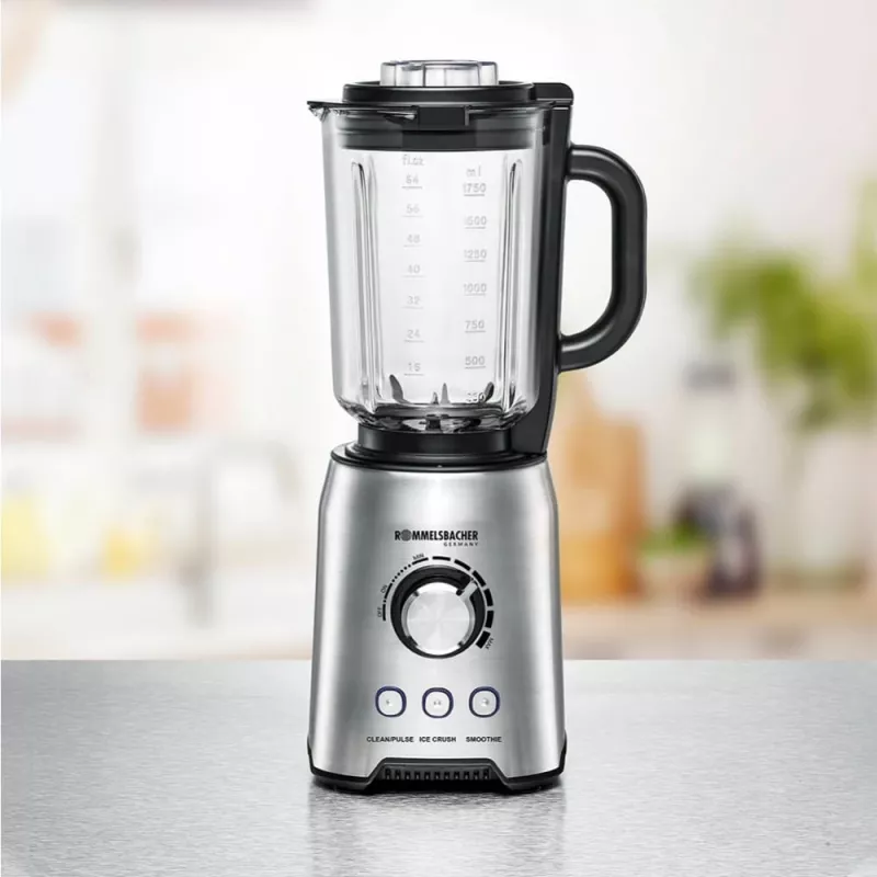 Batidora de mesa Rommelsbacher MX 1250 — 1200 W, 1,75 l jarra de cristal, Acero inoxidable