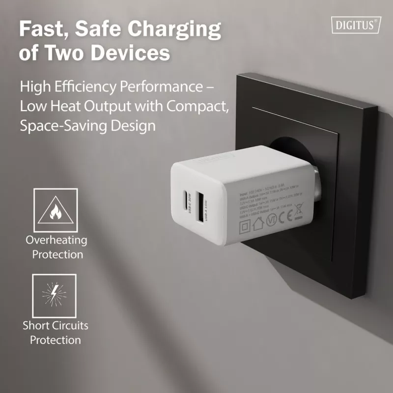 Cargador USB GaN de interior DIGITUS DA-10301 — 30W, 1× USB-C, 1× USB-A, 100–240V, blanco