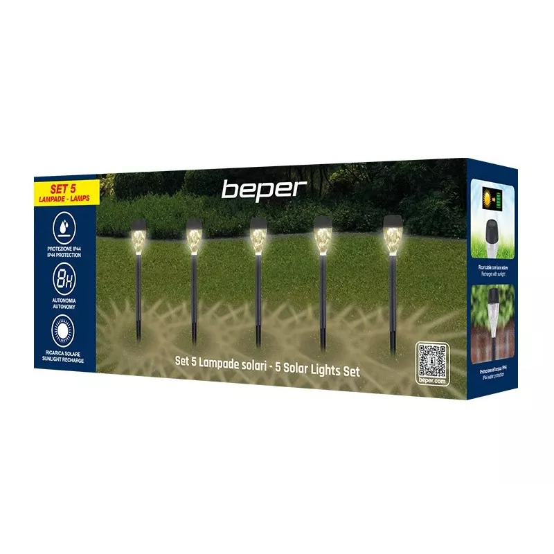 Set de luces solares de exterior Beper P207ILO050 – 5 luces impermeables para jardín y camino