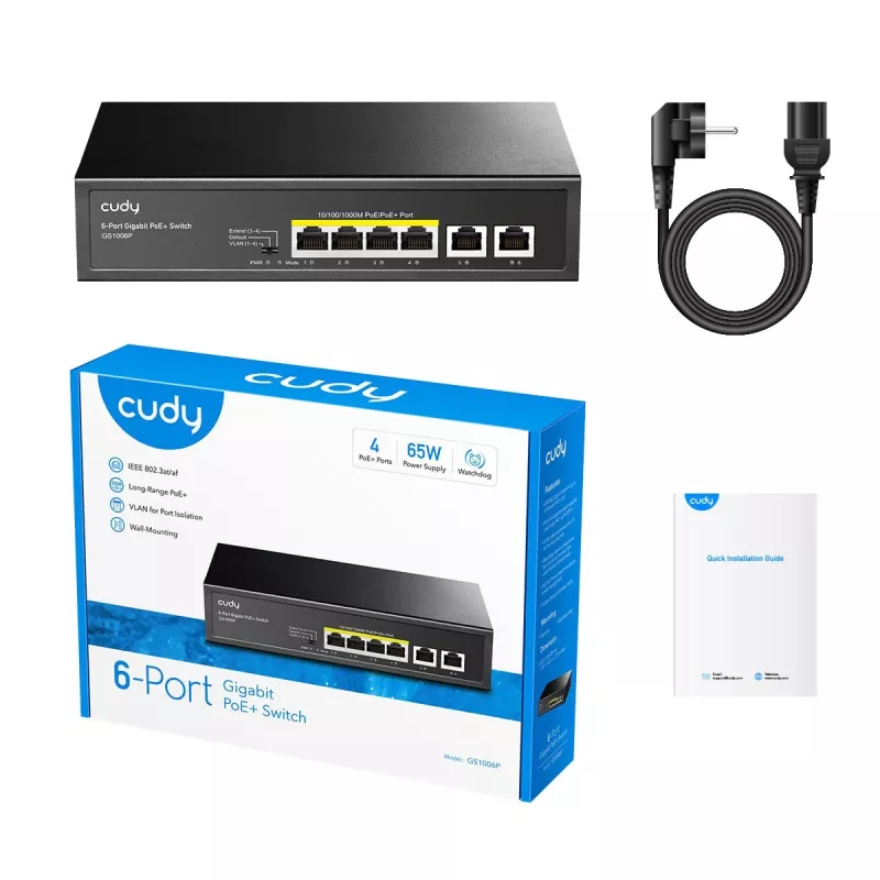Switch de red Cudy GS1006P no gestionado Gigabit Ethernet 6 puertos PoE, 12 Gbit/s, 2048 MAC, negro