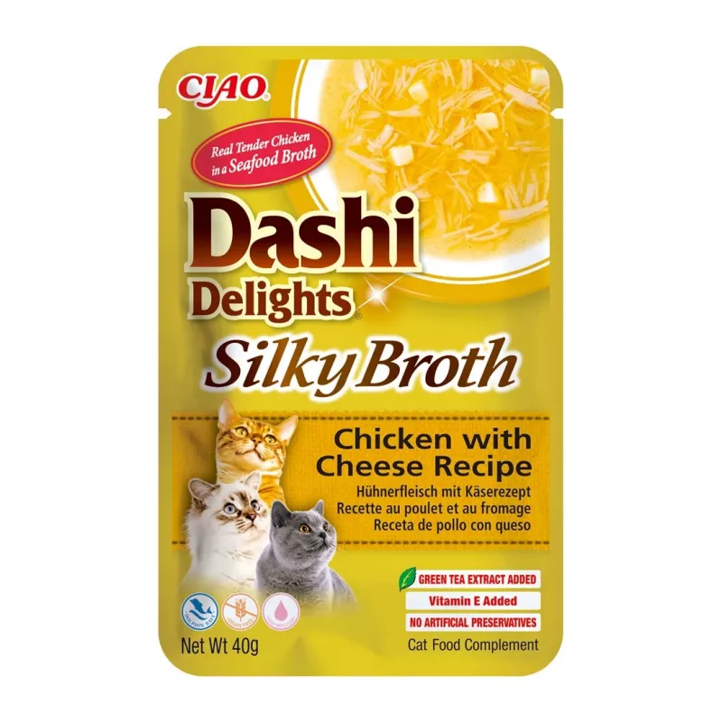 Snack húmedo para gatos INABA Dashi Delights Silky Broth pollo con queso sobre monodosis de 40 g