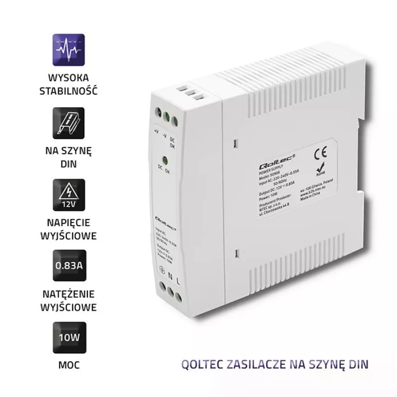 Fuente de alimentación para carril DIN 10W, 12V, 0,83A, delgada