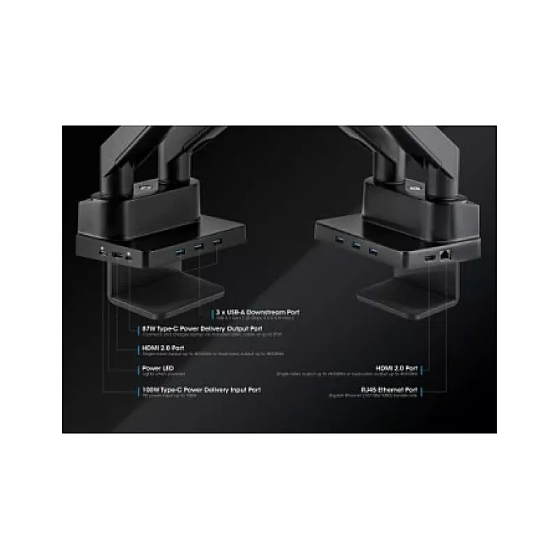 Manhattan Soporte de escritorio dual para TV y monitores (Full Motion con resorte de gas) con dock integrado, para pantallas de hasta 27 pulgadas, conexiones (x7): Ethernet, HDMI (x2), USB-A (x3) y USB-C, Power Delivery (100 W) al puerto USB-C (se requiere fuente de alimentación/cable USB-C por separado), VESA: 75x75 y 100x100 mm