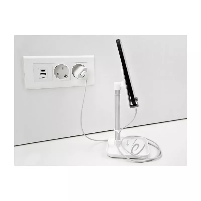 Soporte telescópico DeLOCK para smartphone y tablet con bandeja, plata/blanco