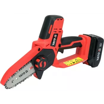 Motosierra de batería YATO YT-828135 — 18V Li-Ion 2Ah, espada de 10 cm, 3200 rpm, velocidad de cadena 4,8 m/s, 26 eslabones