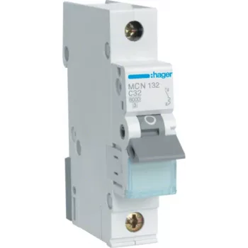 Hager MCN132. Número de polos: 1P. Frecuencia de red: 50/60 Hz, Corriente nominal: 32 A. Ancho: 17,5 mm, Profundidad: 70 mm, Alto: 83 mm (MCN132)