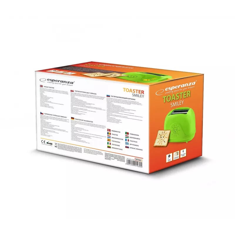 Tostadora eléctrica de mesa ESPERANZA EKT003, 2 rebanadas, 750 W, 7 niveles de tostado, función de descongelación, bandeja recogemigas extraíble, verde