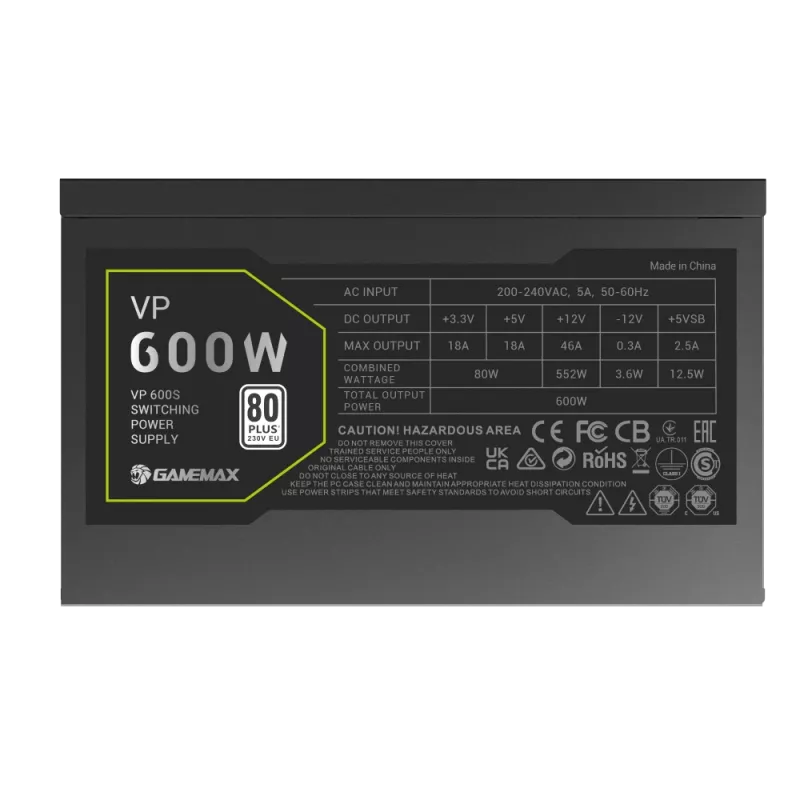 Fuente de alimentación Gamemax, 80 PLUS, Standard | VP 600S | 600 W