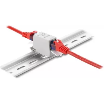 Conector hembra DELOCK RJ45 Cat.6A hembra a hembra con tapa antipolvo, apantallado, montaje en carril DIN, Gris/Blanco