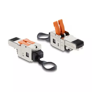 Conector macho RJ45 DELOCK con cierre de presión de 2 polos +/− sin herramientas, conexión Composite Power, conector macho, negro/acero inoxidable