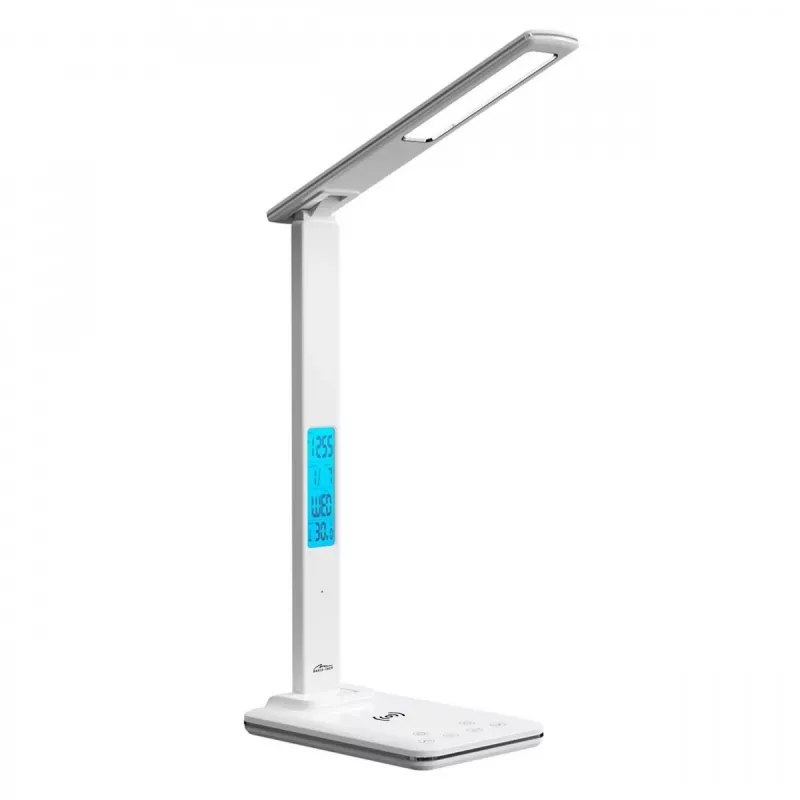 Media-Tech MT222 Leditou lámpara de escritorio LED con cargador inalámbrico Qi de 15 W, reloj, alarma, termómetro, blanca