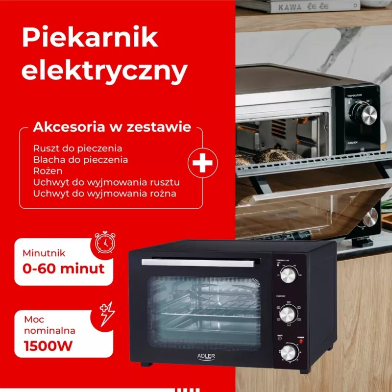 Horno de sobremesa compacto eléctrico Adler AD 6026 – capacidad 48 l, 1800 W, independiente, temporizador mecánico