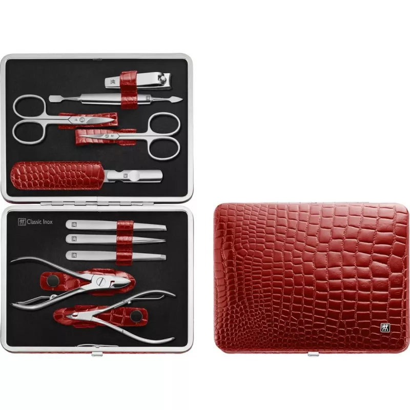 Zwilling Classic set de manicura de acero inoxidable – estuche de cuero, 10 piezas - rojo
