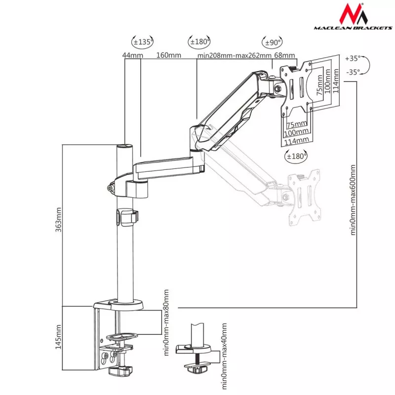 Soporte de monitor de escritorio MACLEAN MC-775 para pantallas de 32 pulgadas (81,3 cm), VESA 75x75–100x100, hasta 8 kg, gris