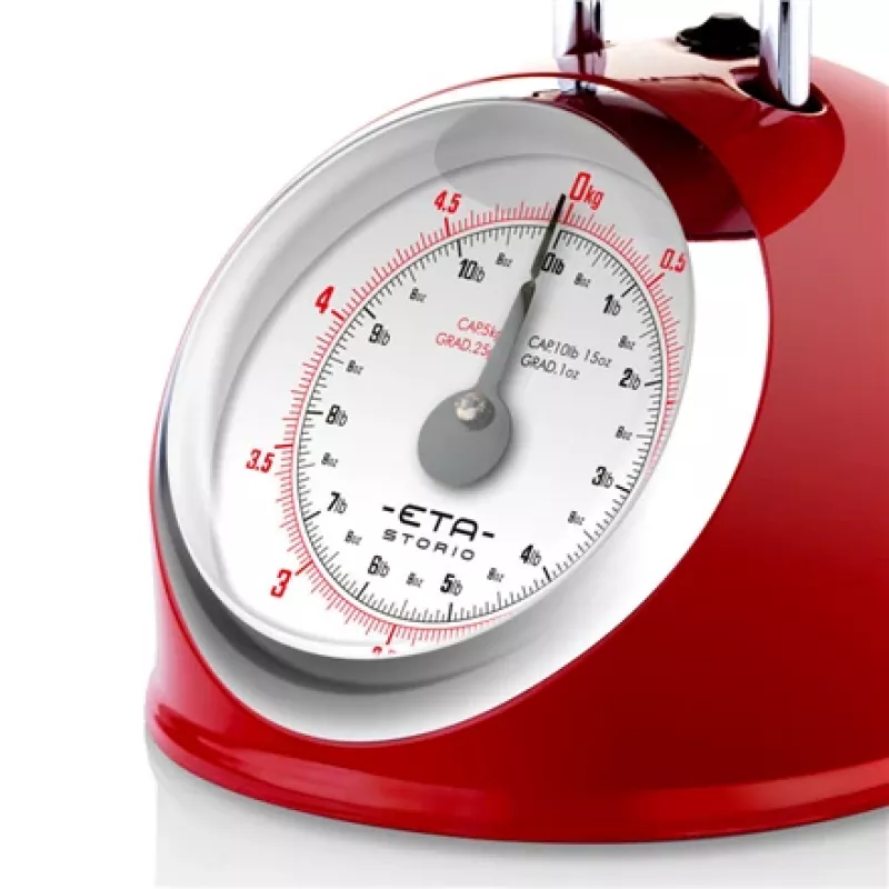 Báscula de cocina mecánica ETA ETA577790030 — capacidad 5 kg, precisión 25 g, superficie de acero inoxidable, carcasa blanca