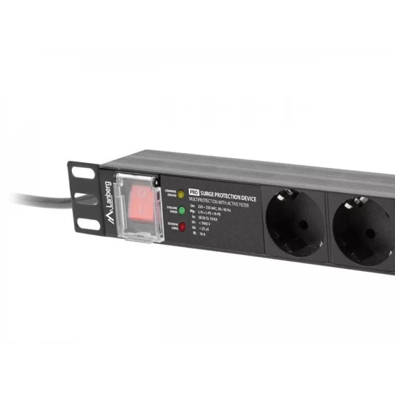 Unidad de distribución de corriente LANBERG PDU-PRO-07F-0200-BK — PDU para rack 1U, 7 tomas Type-F, 16 A, cable de 2 m, negro