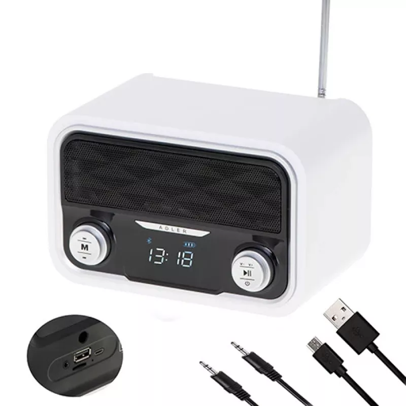 Radio portátil Adler AD 1185 – FM, Bluetooth 4.0, MP3, tarjeta SD, AUX, batería 1800 mAh, pantalla LCD, carga Micro-USB