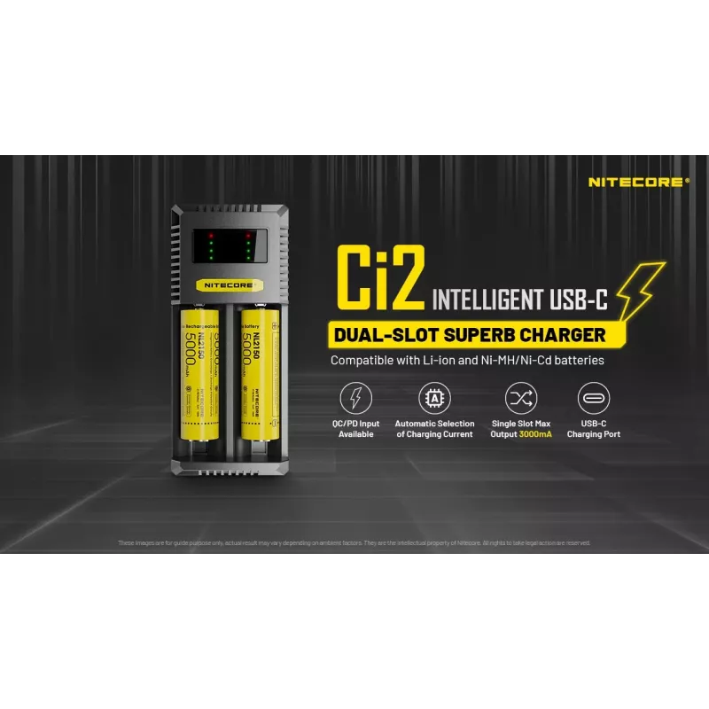 Cargador de baterías Nitecore Ci12 cargador USB universal para Li‑Ion, NiCd, NiMH, entrada 3A 5/9/12V, carcasa de plástico