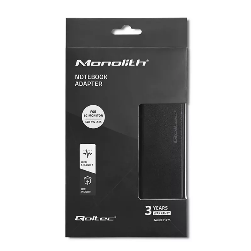 Qoltec 51775 adaptador de corriente CA para monitores LG, 40 W, 19 V 2,1 A, conector de 6,5x4,4 mm