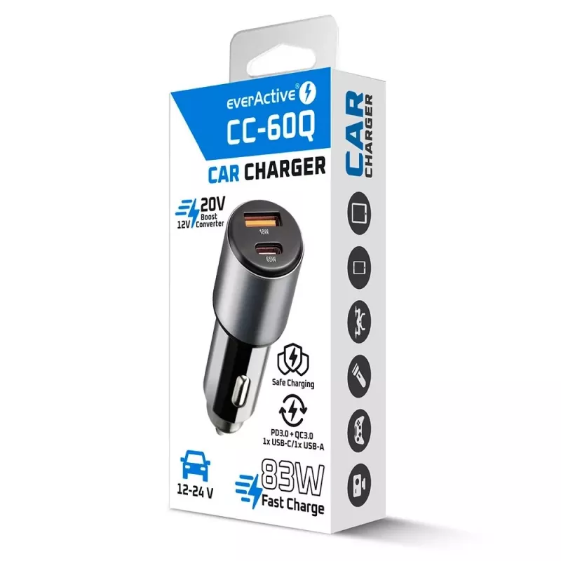 Cargador de coche everActive CC-60Q, QC3.0, hasta 83W, adaptador de red USB para coche
