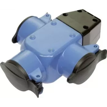 Base de enchufes de goma de 3 vías AS Schwabe azul con tapa abatible IP44 y anilla de suspensión (modelo 60057)