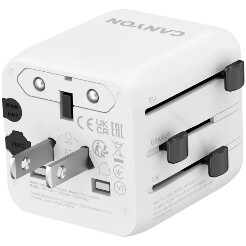 Adaptador de viaje CANYON OnTour One EU UK US AUS blanco (CNS-TA1005W) – conversión universal de enchufes para EU/UK/US/AUS