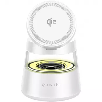 Cargador inalámbrico 4smarts Qi2 Aura Sound blanco – carga inalámbrica rápida Qi2, altavoz integrado