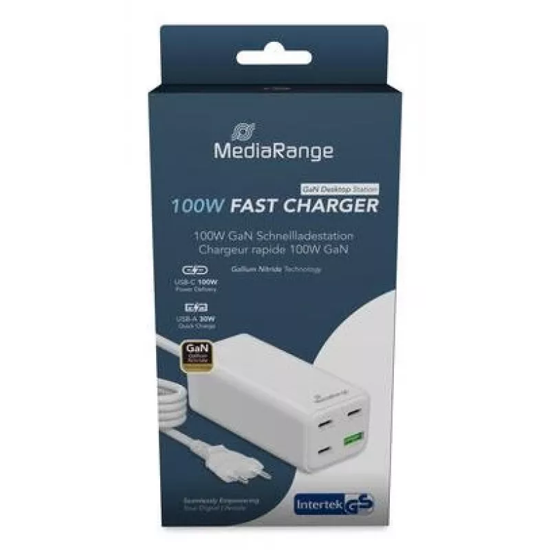 Cargador móvil MediaRange MRMA124 100W AC, 3x USB-C, entrada 100–240V, cable de 1,5 m, Blanco