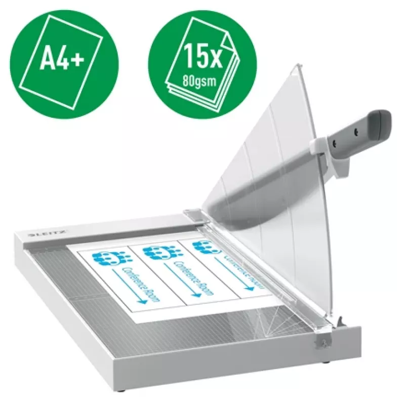 Cortapapeles de precisión Leitz Office A4+, 15 hojas, sujeción manual, acero inoxidable, A4 Maxi, 80 g/m², cristal