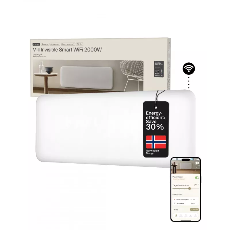 Radiador inteligente WiFi invisible Mill | PA2000WIFI4 | Radiador de panel | 2000 W | Apto para estancias de hasta 24-28 m² | Blanco | IPX4