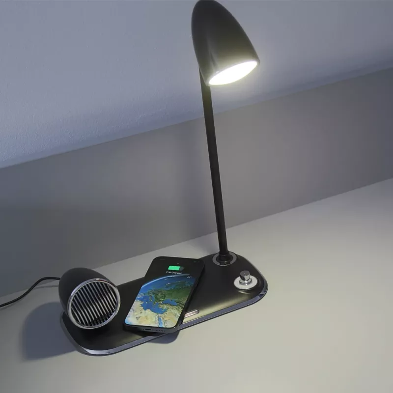 Lámpara de mesa Tellur TLL151361 con cargador inalámbrico Qi y altavoz Bluetooth, iluminación ajustable
