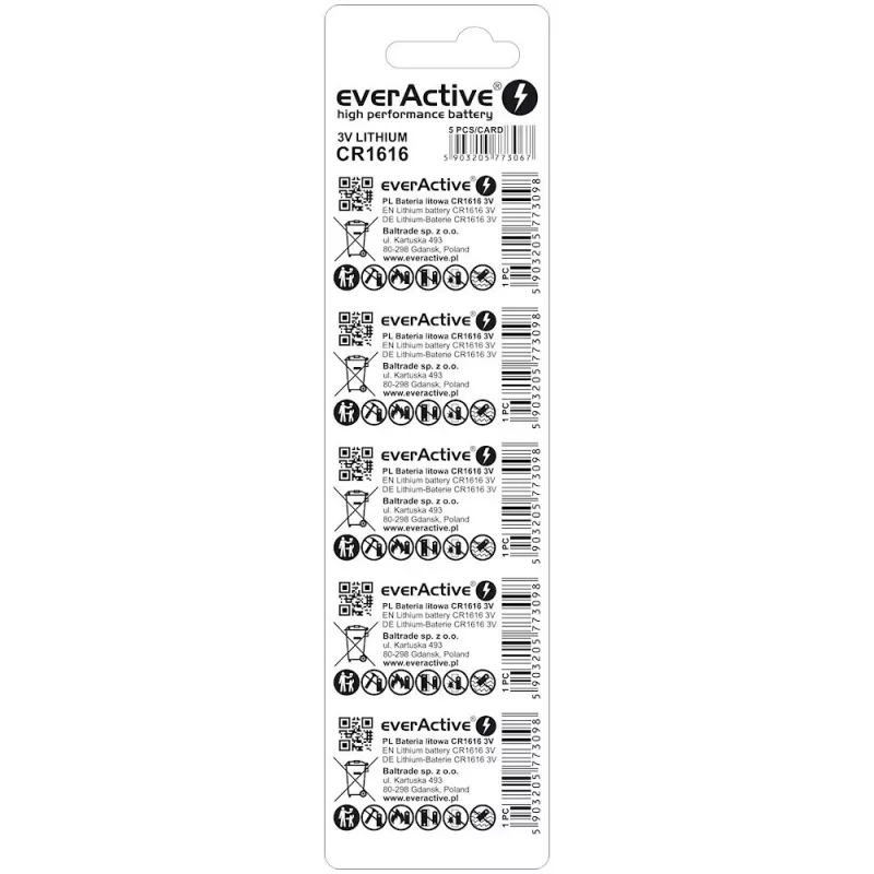 Pila de botón everActive CR1616 3V, 50 mAh, 16 mm — pack de 5