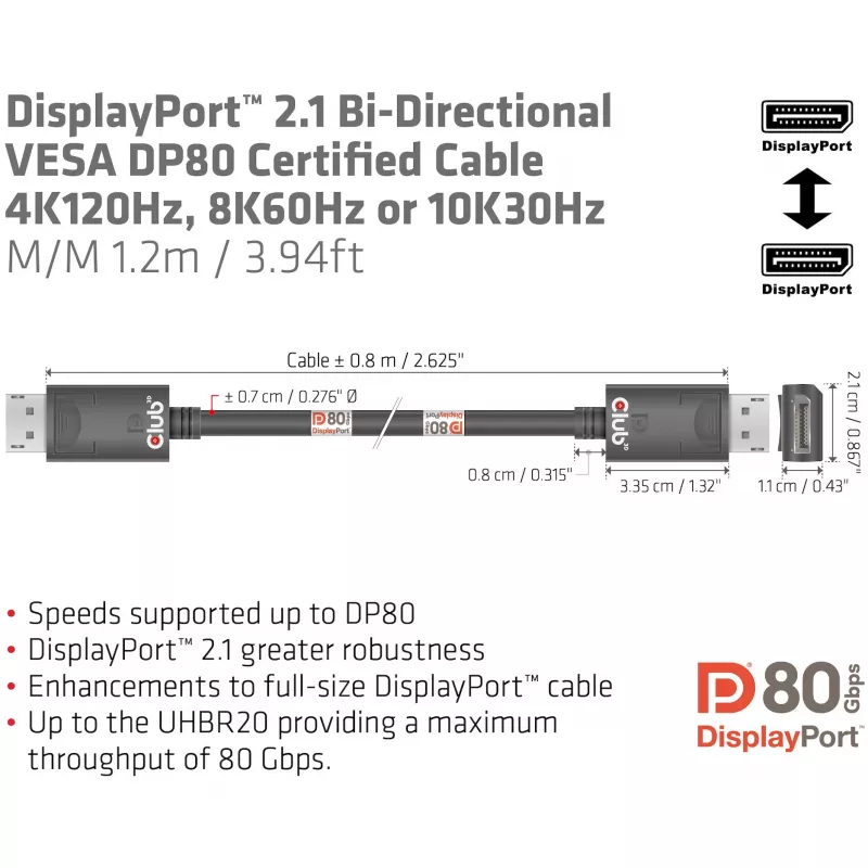 Club 3D CAC-1091 cable DisplayPort 2.1, certificado VESA DP80, bidireccional, 4K120Hz / 8K60Hz / 10K30Hz, macho/macho, 1,2 m