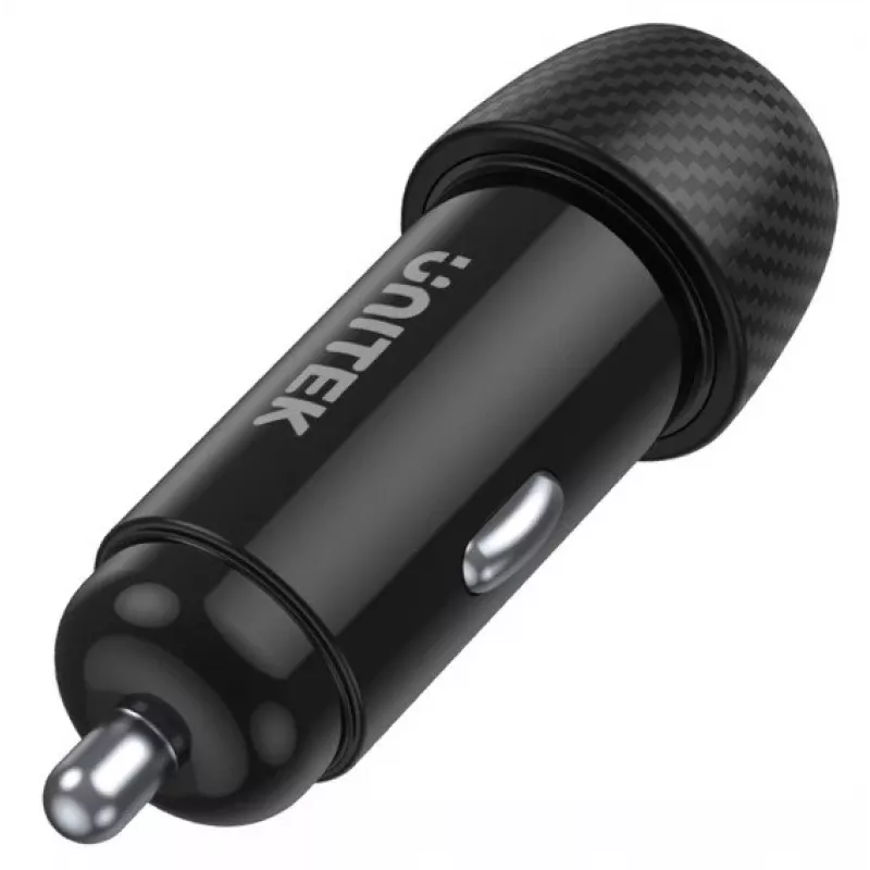 Cargador para coche Unitek P1400A con USB-C y USB-A, 38W, Quick Charge 3.0, entrada 12–24V, negro