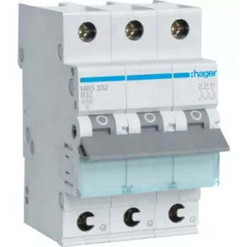 Hager MBS332. Corriente nominal: 32 A, frecuencia de red: 50/60 Hz. Ancho: 52,5 mm, profundidad: 70 mm, altura: 83,4 mm (MBS332)