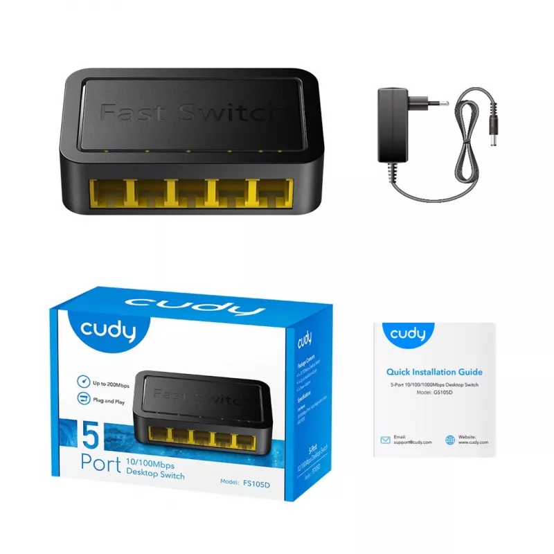 Switch de red Cudy FS105D — 5 puertos Fast Ethernet 10/100, conmutación 1 Gbit/s, negro