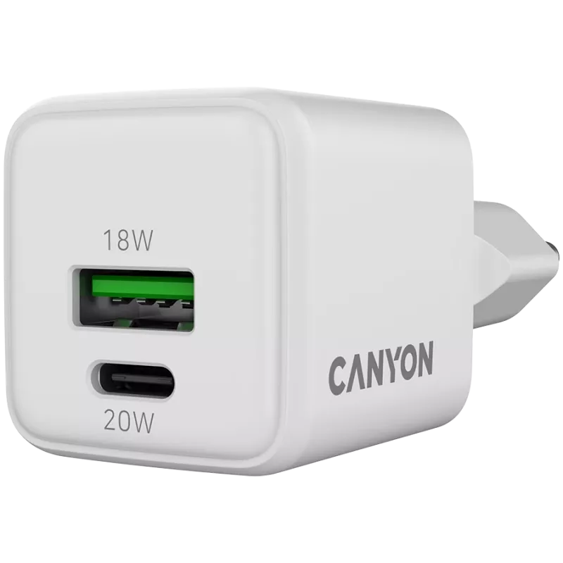 Cargador Canyon CU20AC GaN 20W PD, 2 puertos (USB-A/USB-C) WH venta al por menor (CNS-CUW20AC)