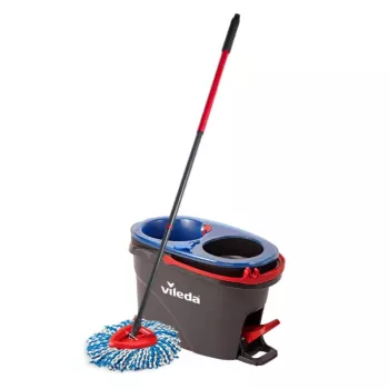 Vileda H2PrO Spin Mop set, fregona rotativa con sistema de dos depósitos y mango telescópico, microfibra, negro/rojo/azul