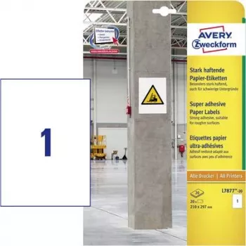 AVERY Zweckform Etiquetas de papel de alta adherencia, 210 x 297mm blancas, también para superficies difíciles, para interiores - 1 unidad (L7877-20)